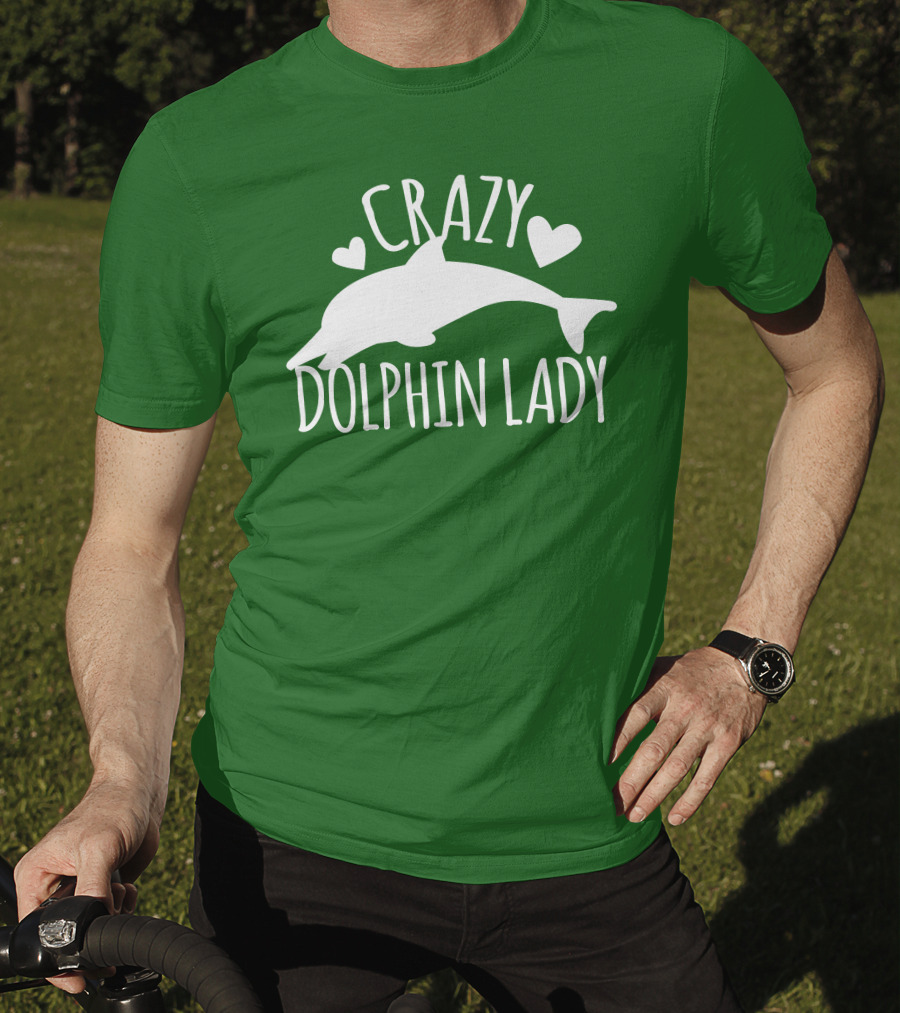 CRAZY DOLPHIN LADY Hearts And Dolphin Silhouette On Green T-Shirt