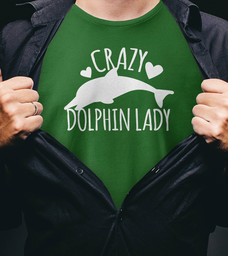 CRAZY DOLPHIN LADY Hearts And Dolphin Silhouette On Green T-Shirt
