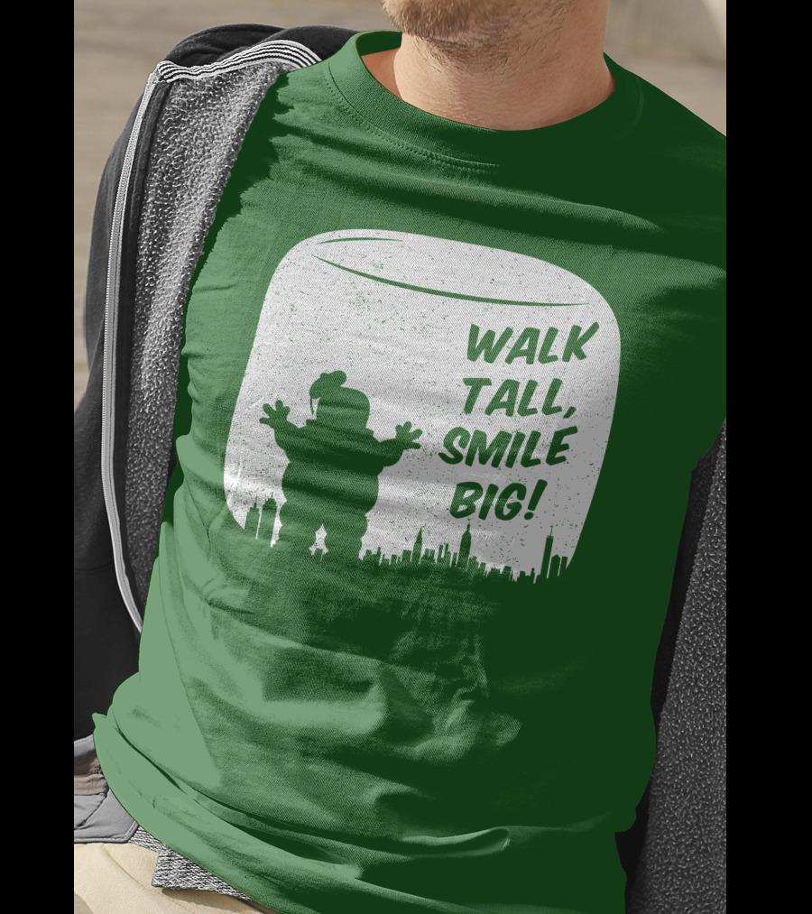 WALK TALL SMILE BIG Stay Puft Marshmallow Man City Skyline T-Shirt