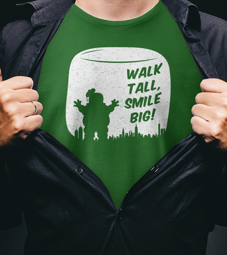 WALK TALL SMILE BIG Stay Puft Marshmallow Man City Skyline T-Shirt