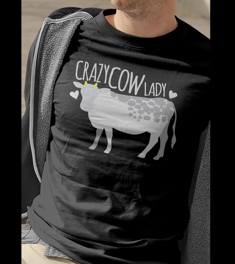 CRAZY COW LADY Hearts And Cartoon Cow T-Shirt