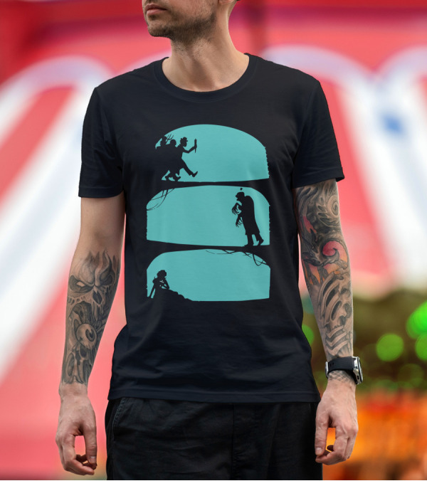 Premium T-Shirt: Hunt the Zombie Silhouette Chase with Weapon, Creeping Figure, and Hiding Woman T-Shirt Hunt the Zombie Silhouette Chase with Weapon, Creeping Figure, and Hiding Woman T-Shirt