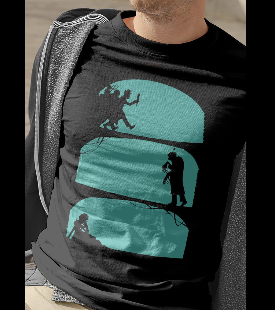 Hunt The Zombie Silhouette Chase With Weapon, Creeping Figure, And Hiding Woman T-Shirt