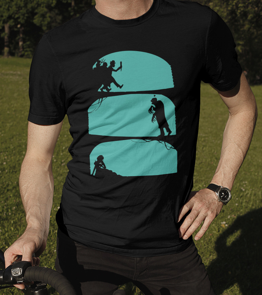 Hunt The Zombie Silhouette Chase With Weapon, Creeping Figure, And Hiding Woman T-Shirt