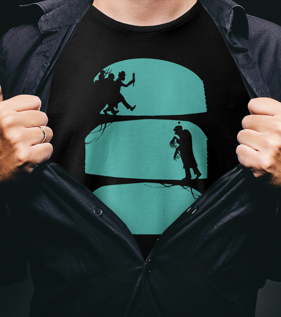 Hunt The Zombie Silhouette Chase With Weapon, Creeping Figure, And Hiding Woman T-Shirt