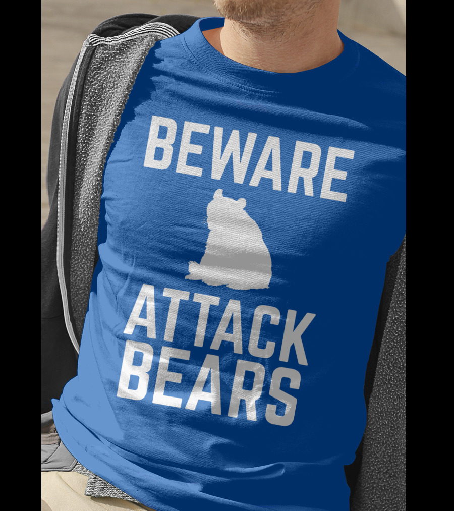 BEWARE ATTACK BEARS Silhouette Blue Background T-Shirt