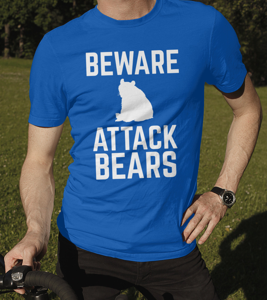 BEWARE ATTACK BEARS Silhouette Blue Background T-Shirt