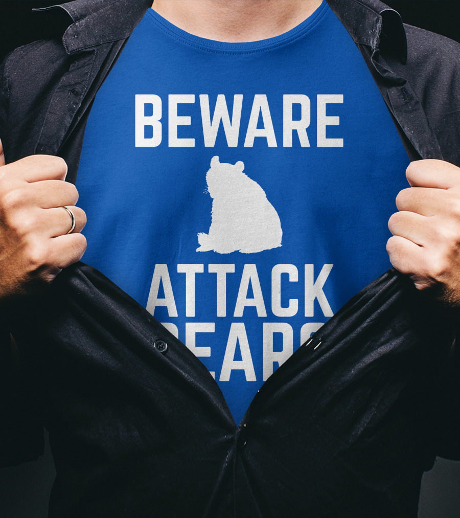 BEWARE ATTACK BEARS Silhouette Blue Background T-Shirt