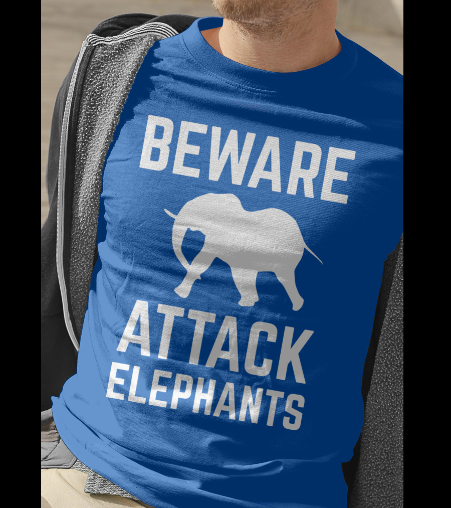 BEWARE ATTACK ELEPHANTS Blue Background White Elephant T-Shirt