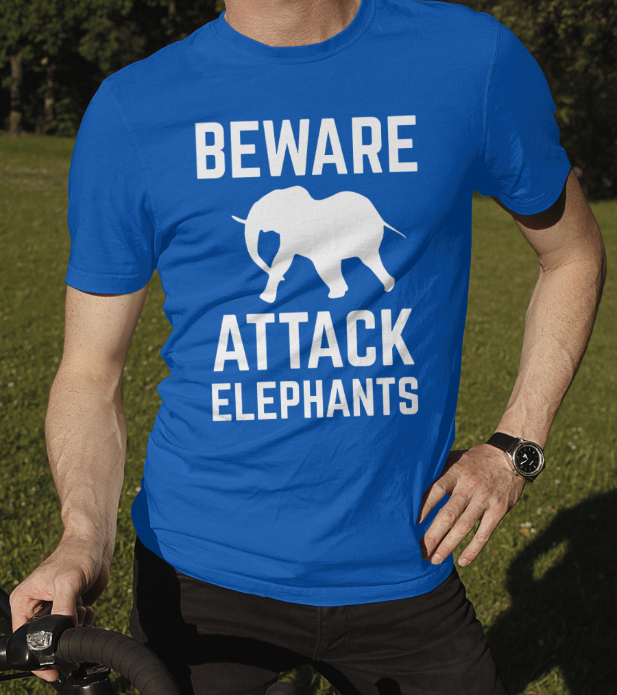 BEWARE ATTACK ELEPHANTS Blue Background White Elephant T-Shirt