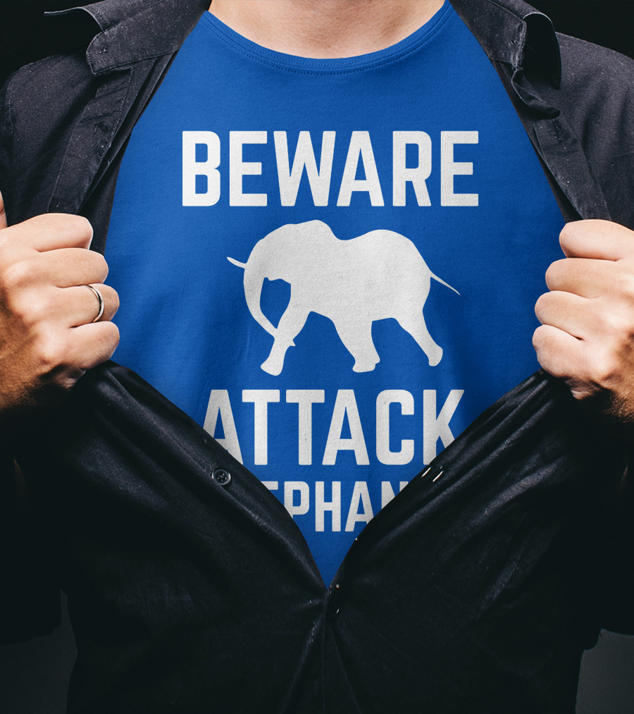 BEWARE ATTACK ELEPHANTS Blue Background White Elephant T-Shirt