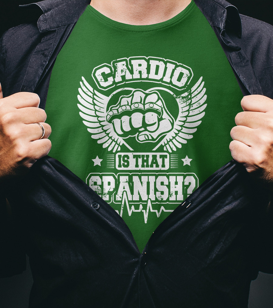 Cardio Is That Spanish Bold Fist And Wings With Heartbeat Line T-Shirt