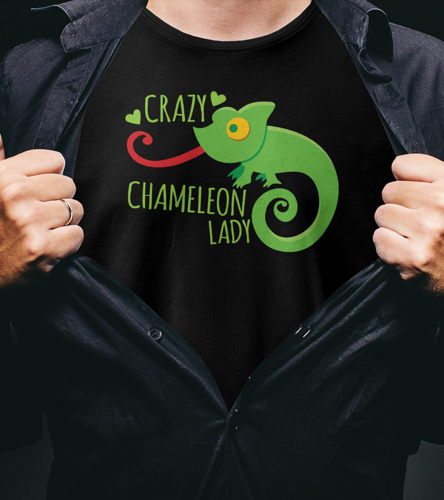 CRAZY CHAMELEON LADY Green Cartoon With Hearts T-Shirt