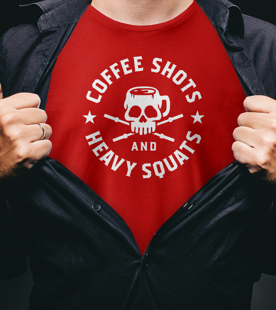 Coffee Shots And Heavy Squats Skull Mug And Barbells T-Shirt