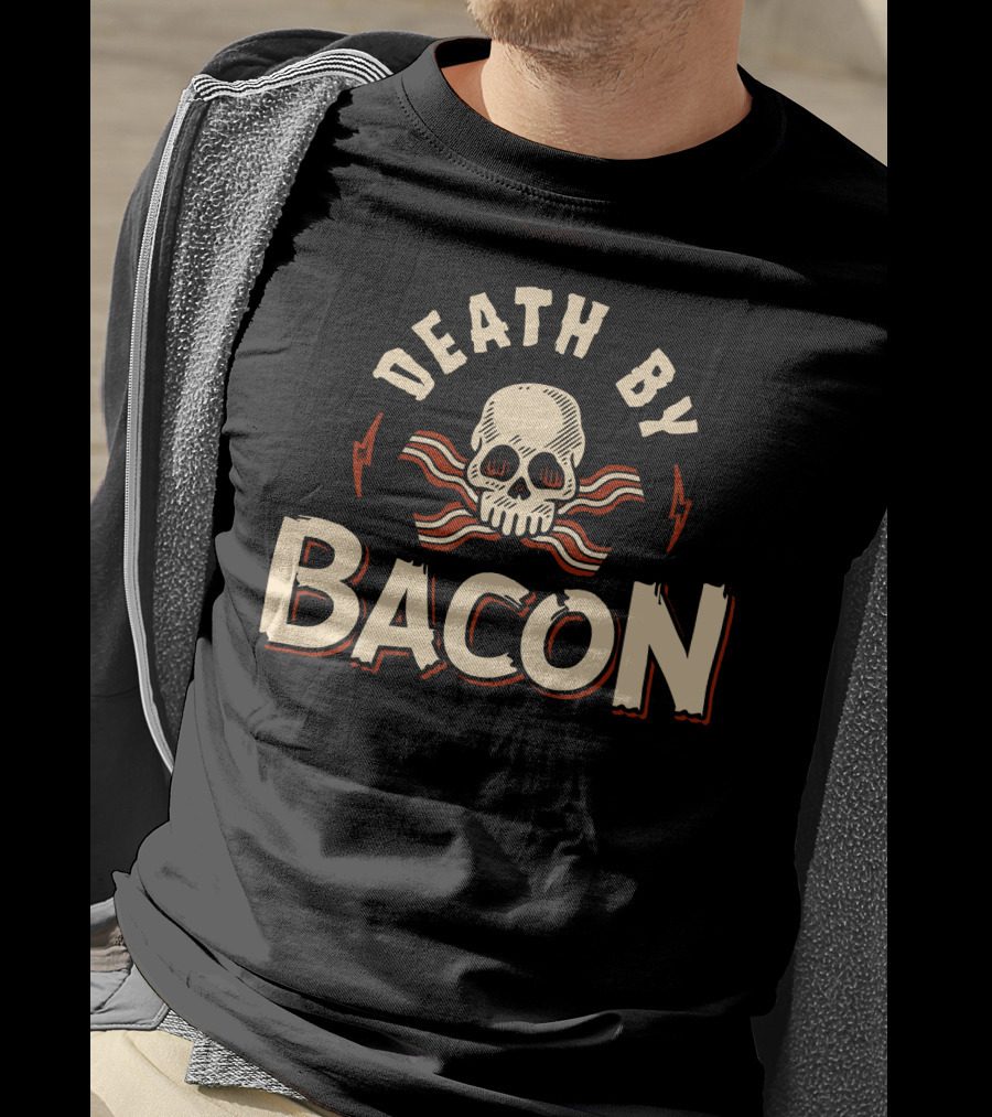 Death By Bacon Skull And Crossbones With Lightning Bolts T-Shirt