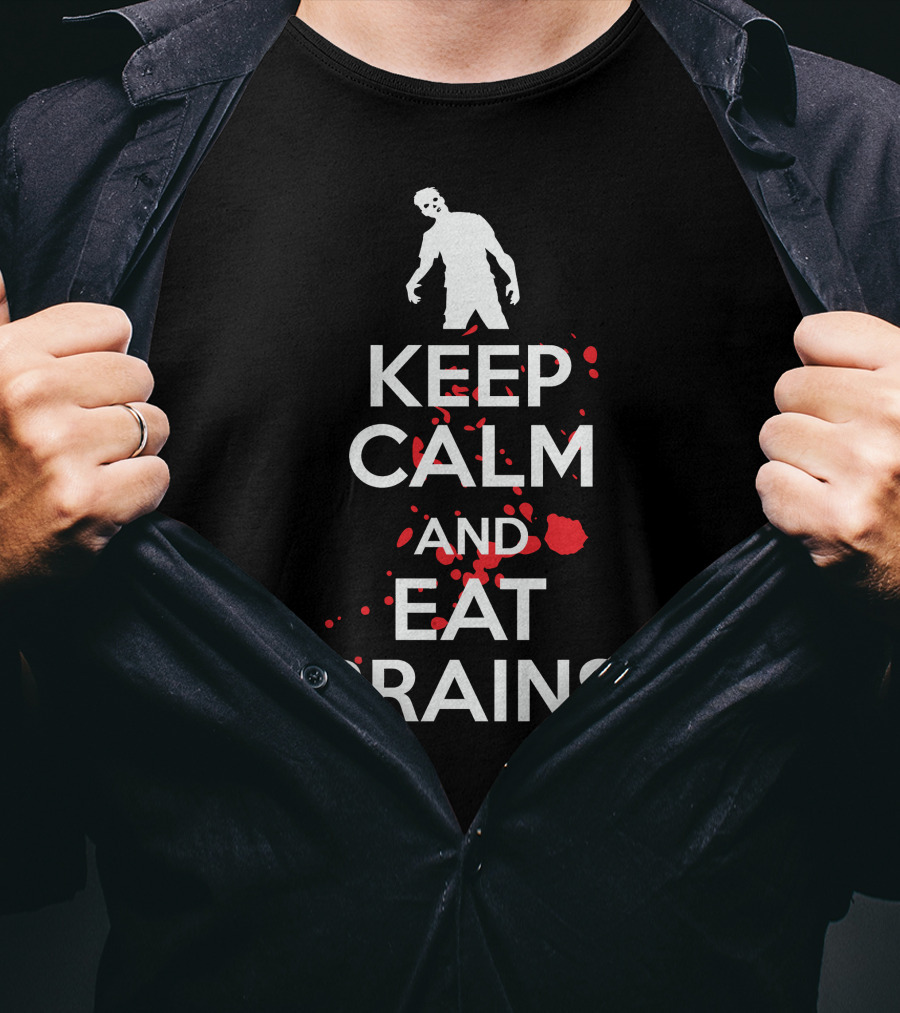 Keep Calm And Eat Brains Zombie Blood Splatter T-Shirt