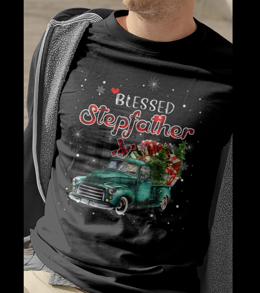 Blessed Stepfather Vintage Truck Christmas Plaid Snowflakes T-Shirt