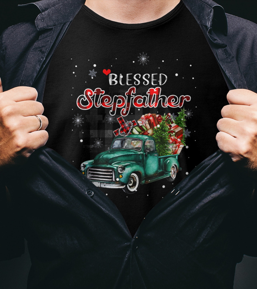 Blessed Stepfather Vintage Truck Christmas Plaid Snowflakes T-Shirt