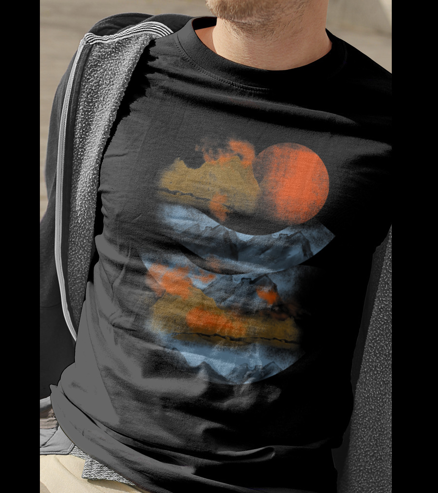 Blurry Mountains Clouds With Red Sun And Smoky Peaks T-Shirt