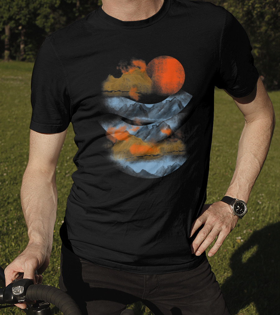 Blurry Mountains Clouds With Red Sun And Smoky Peaks T-Shirt