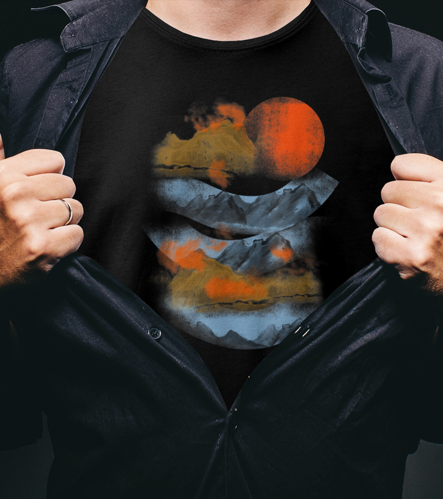 Blurry Mountains Clouds With Red Sun And Smoky Peaks T-Shirt