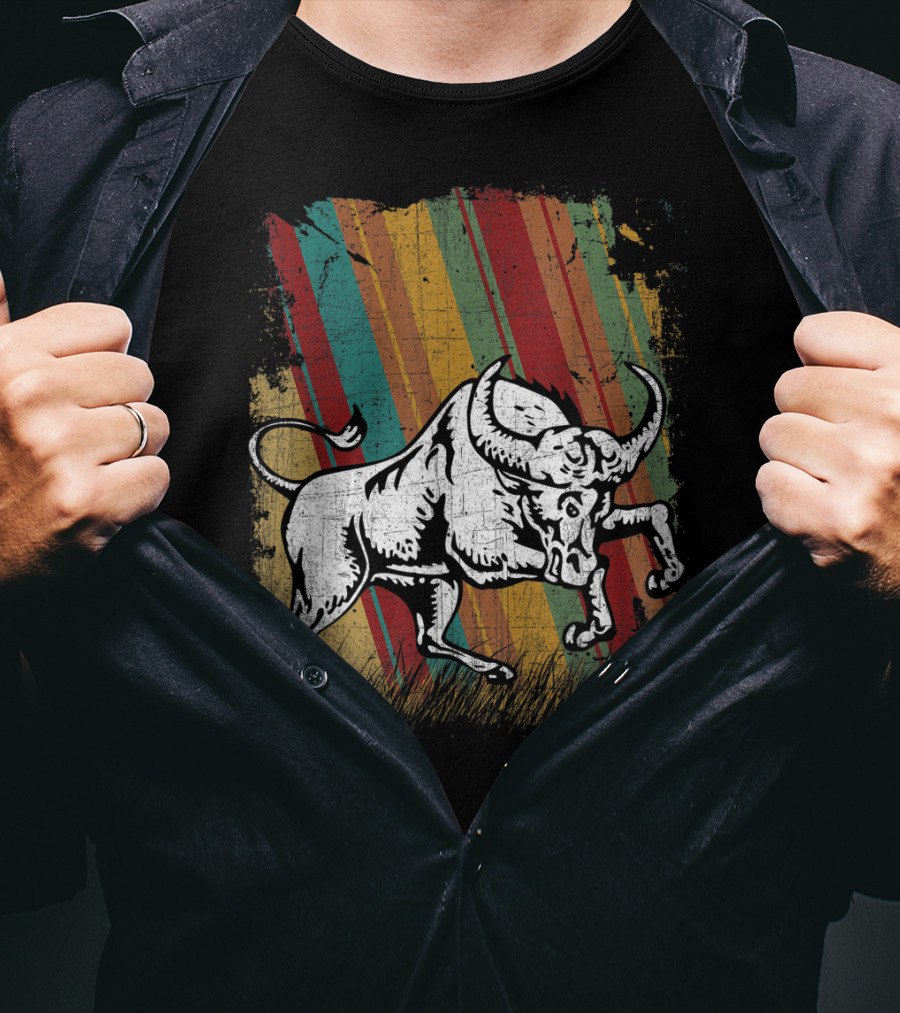 Retro Distressed Grunge Buffalo With Vintage Color Stripes T-Shirt