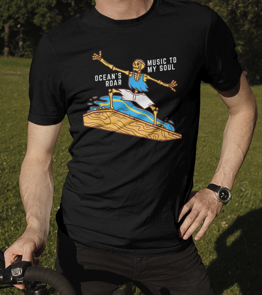 Ocean's Roar Surfing Skeleton Music To My Soul Summer T-Shirt