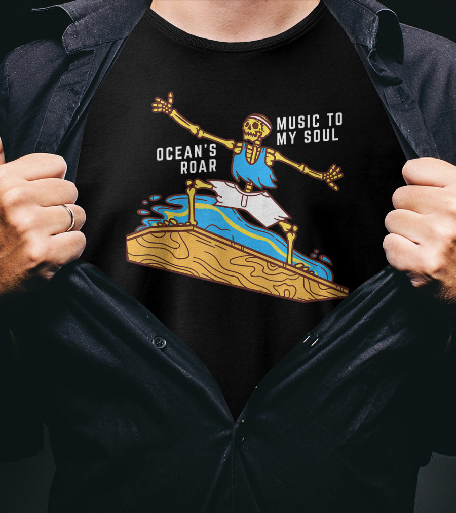 Ocean's Roar Surfing Skeleton Music To My Soul Summer T-Shirt