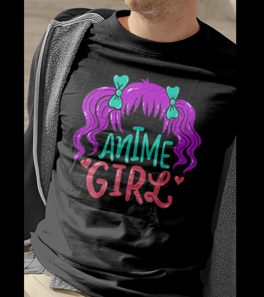 Anime Girl Purple Hair With Green Bows And Hearts T-Shirt