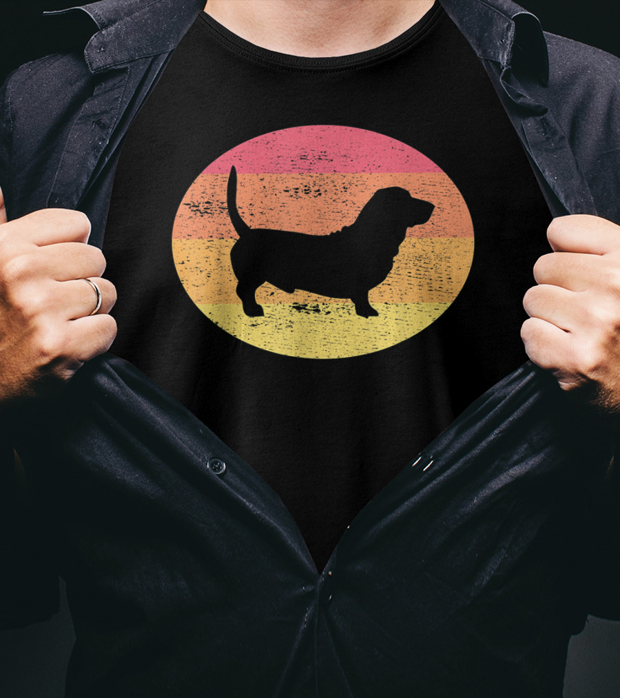 Basset Hound Silhouette Retro Vintage Dog Sunset Oval T-Shirt