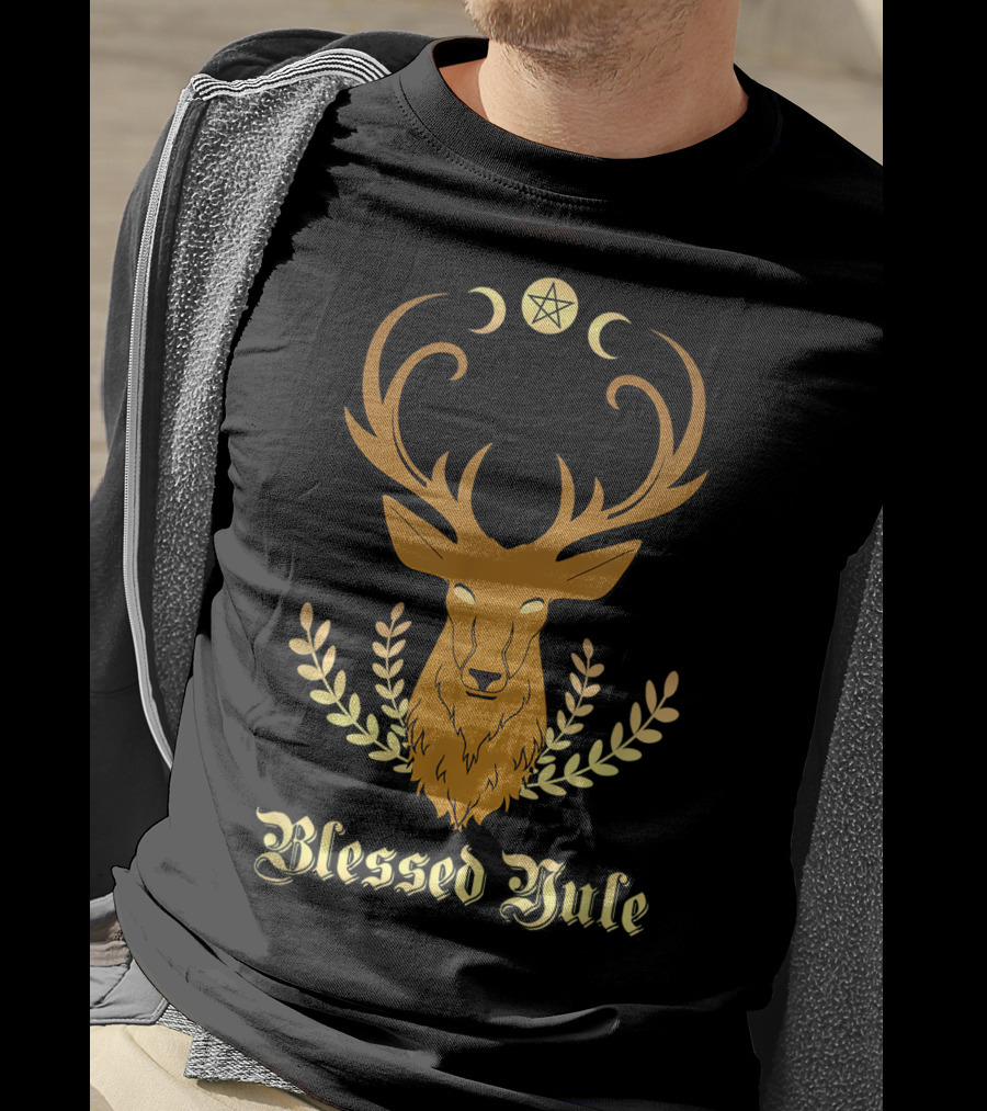 Blessed Yule Christmas Stag Pentacle Triple Moon T-Shirt