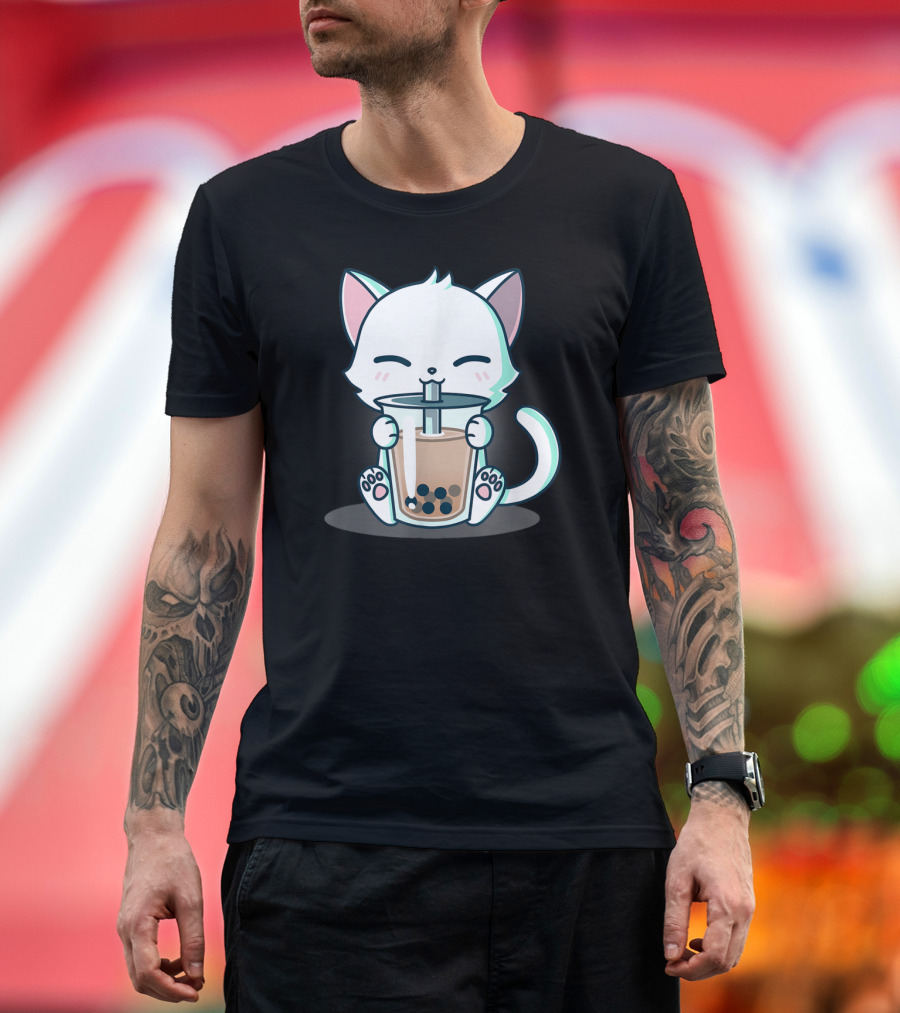 Kawaii Boba Cat Happy Kitten Drinking Bubble Tea Mood T-Shirt