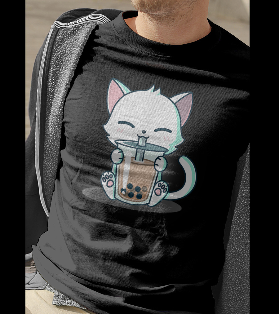 Kawaii Boba Cat Happy Kitten Drinking Bubble Tea Mood T-Shirt