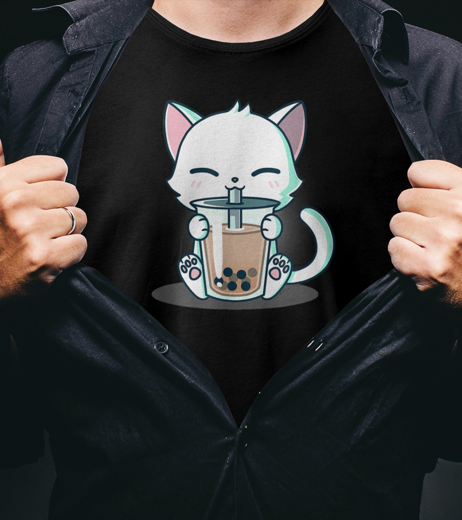 Kawaii Boba Cat Happy Kitten Drinking Bubble Tea Mood T-Shirt
