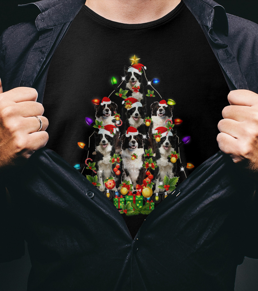 Border Collie Christmas Lights Festive Santa Hat Tree T-Shirt