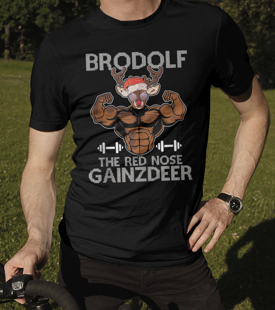 Brodolf The Red Nose Gainzdeer Merry Liftmas Muscle Reindeer Fitness Holiday T-Shirt