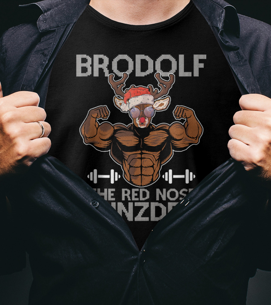 Brodolf The Red Nose Gainzdeer Merry Liftmas Muscle Reindeer Fitness Holiday T-Shirt