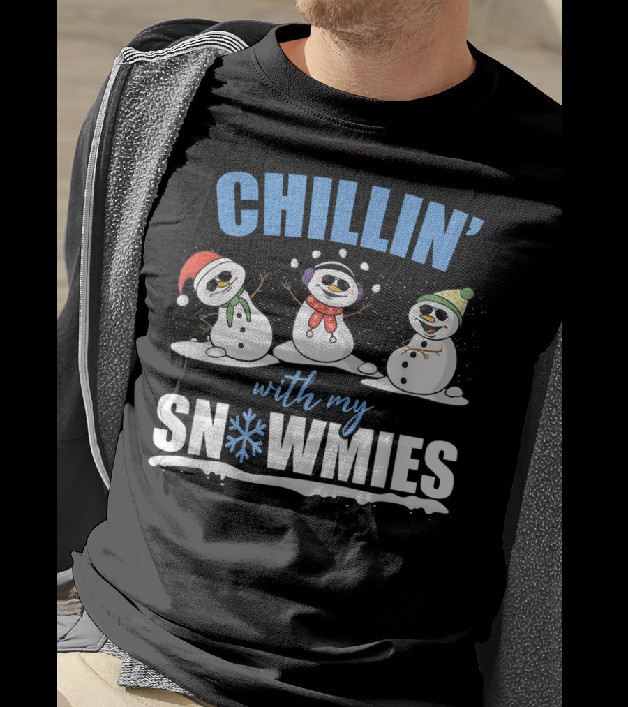 Chillin' With My Snowmies Christmas Snowman Trio In Santa Hats And Scarves T-Shirt