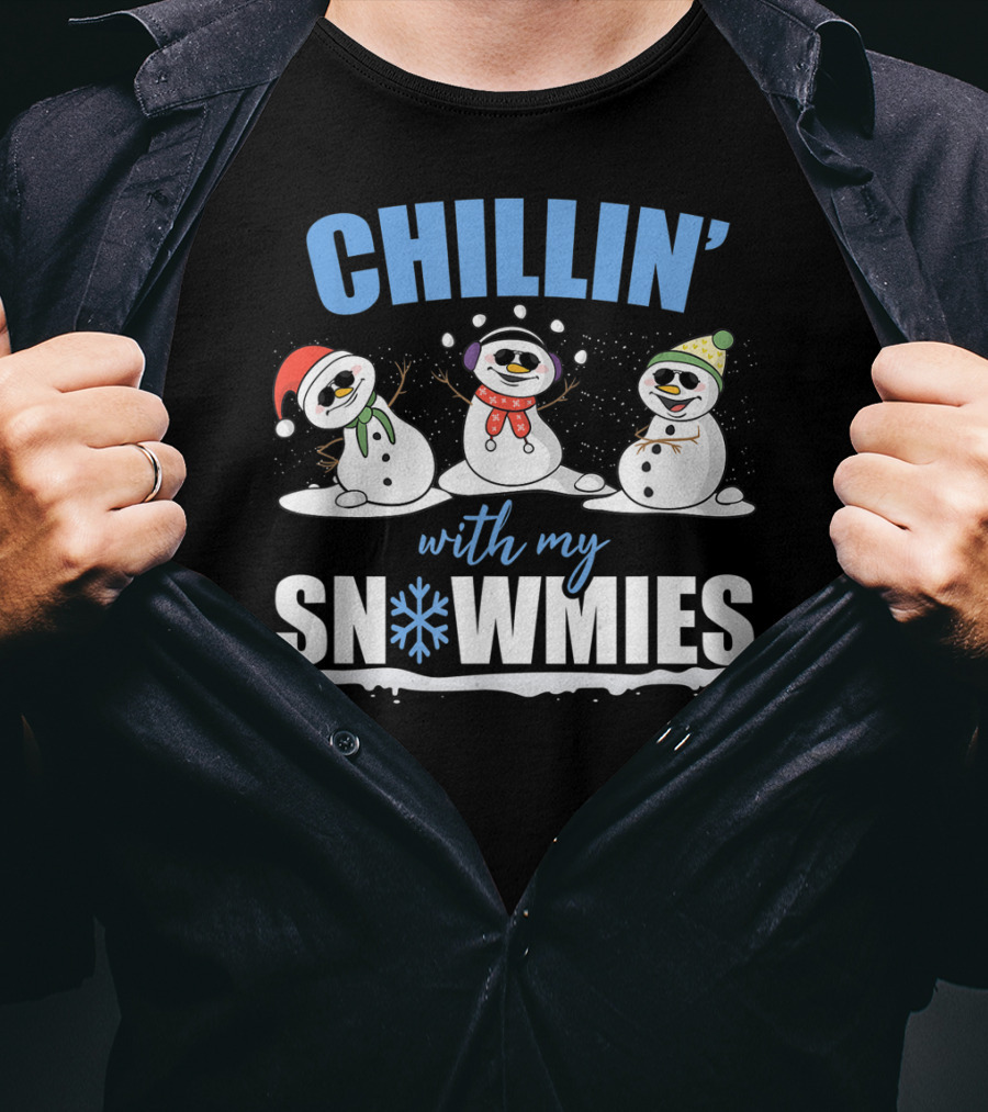 Chillin' With My Snowmies Christmas Snowman Trio In Santa Hats And Scarves T-Shirt