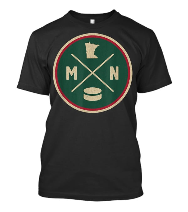MN Hockey State Outline With Puck And Crossed Sticks Retro T-Shirt