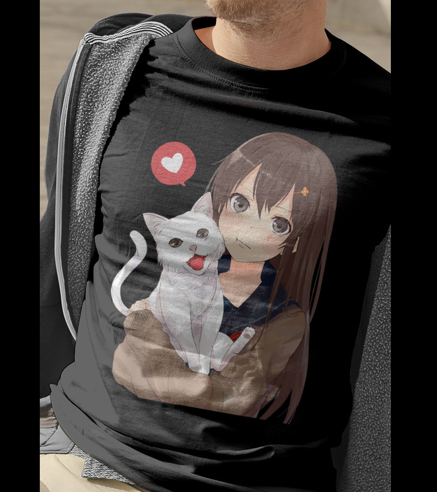 Cute Anime Girl With Adorable White Kitty Cat And Heart T-Shirt
