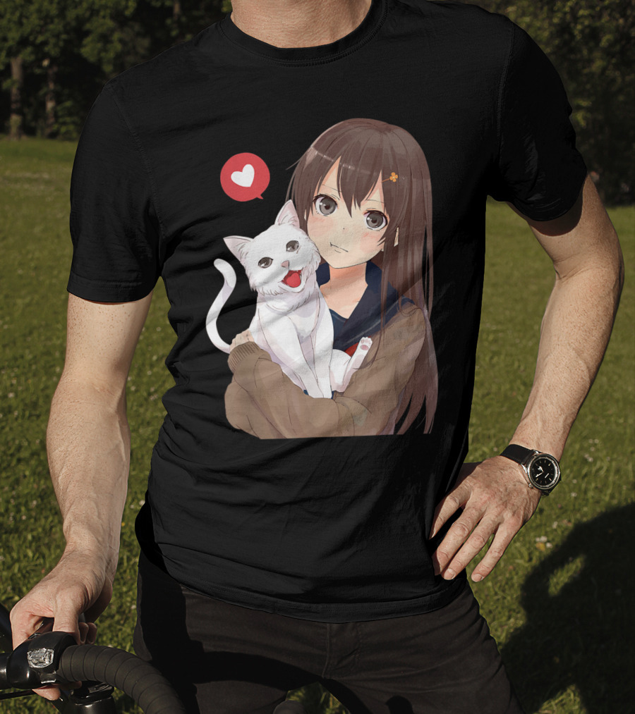Cute Anime Girl With Adorable White Kitty Cat And Heart T-Shirt