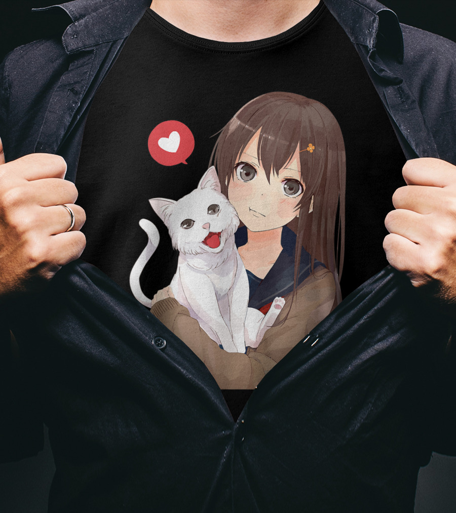 Cute Anime Girl With Adorable White Kitty Cat And Heart T-Shirt