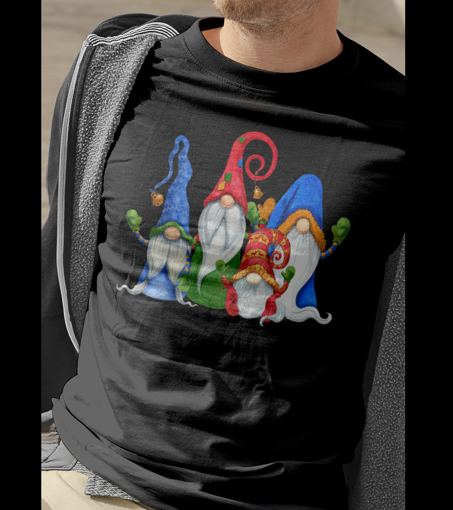 Cute Four 4 Nordic Gnomes Christmas Elves With Colorful Hats And Beards T-Shirt