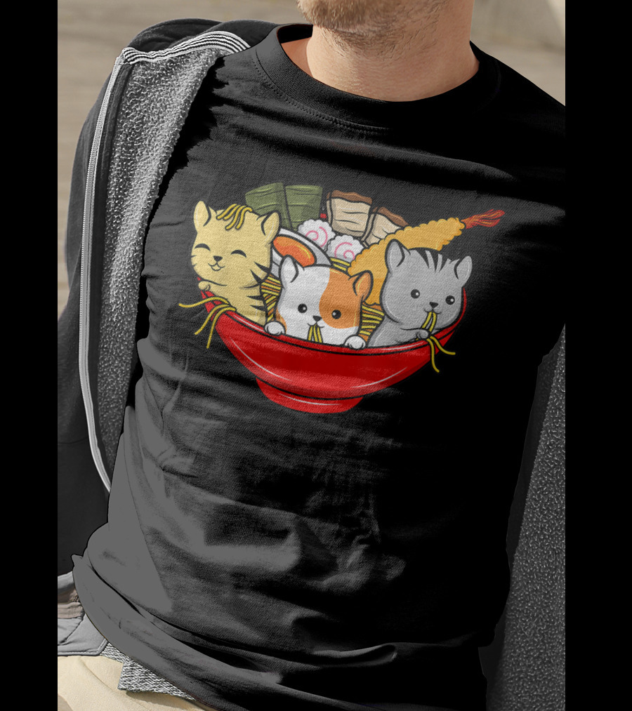 Kawaii Cat Trio In Ramen Bowl With Japanese Anime Style Meal T-Shirt