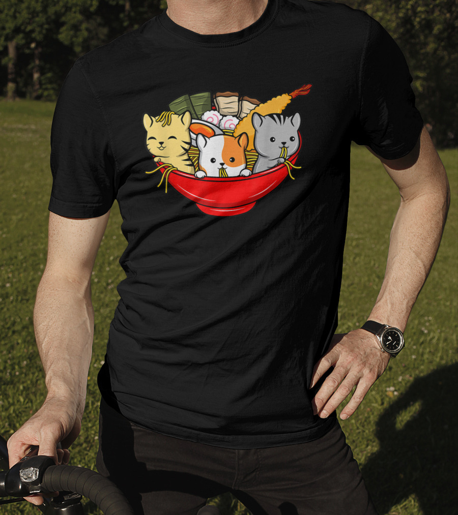 Kawaii Cat Trio In Ramen Bowl With Japanese Anime Style Meal T-Shirt