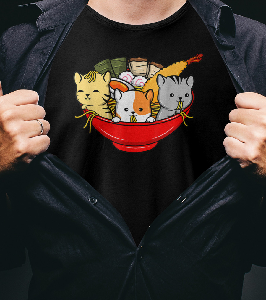 Kawaii Cat Trio In Ramen Bowl With Japanese Anime Style Meal T-Shirt