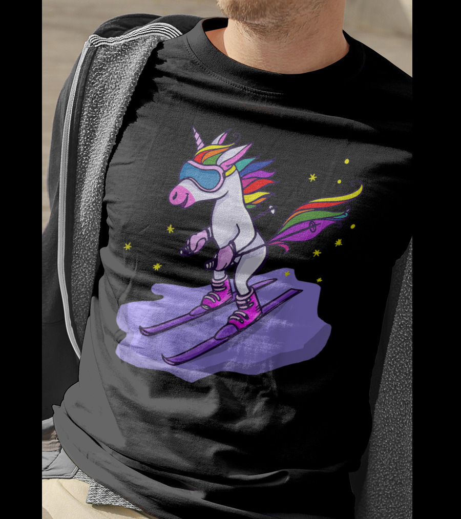 Cute Unicorn Skiing In Rainbow T-Shirt