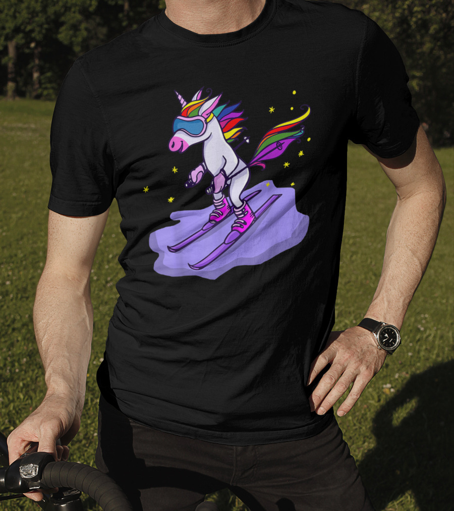 Cute Unicorn Skiing In Rainbow T-Shirt