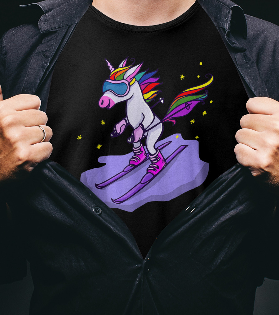 Cute Unicorn Skiing In Rainbow T-Shirt